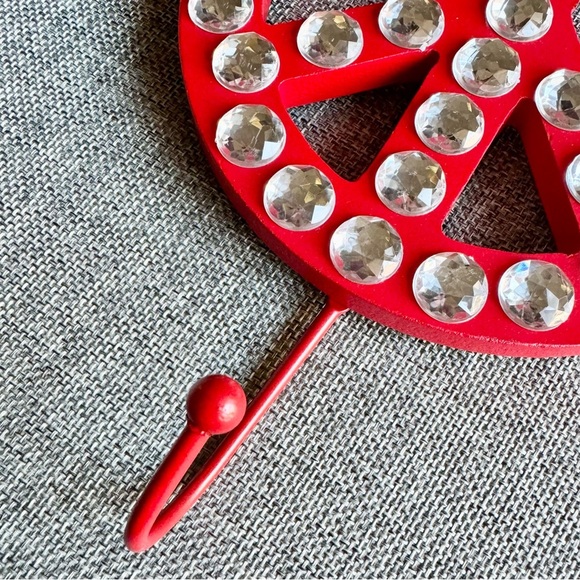 New Retro Style Red Peace Sign w/ Clear Rhinestones Wood & Metal Wall Hook 8.25” - Picture 5 of 7